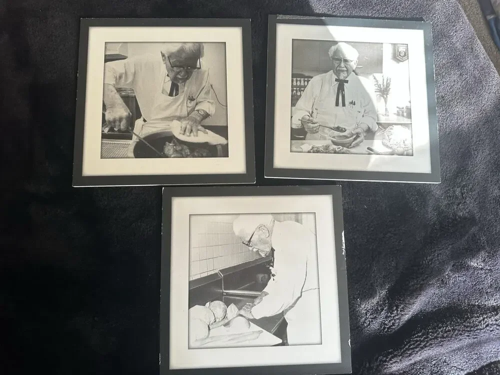 3 framed black & white photographs of Colonel Harland Sanders KFC.